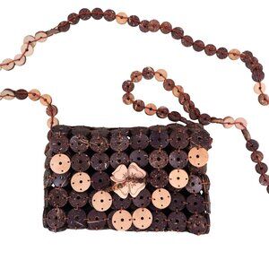 Rare Vintage Handcrafted Daisy Life Coconut Shell Beaded Bag With Floral Design